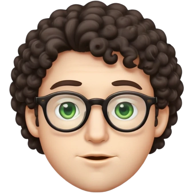 young male emoji with wide face, fuller lips, very poofy voluminous dark slightly curly hair, big ears, pale skin, glasses, green eyes set wider apart, very light stubble emoji