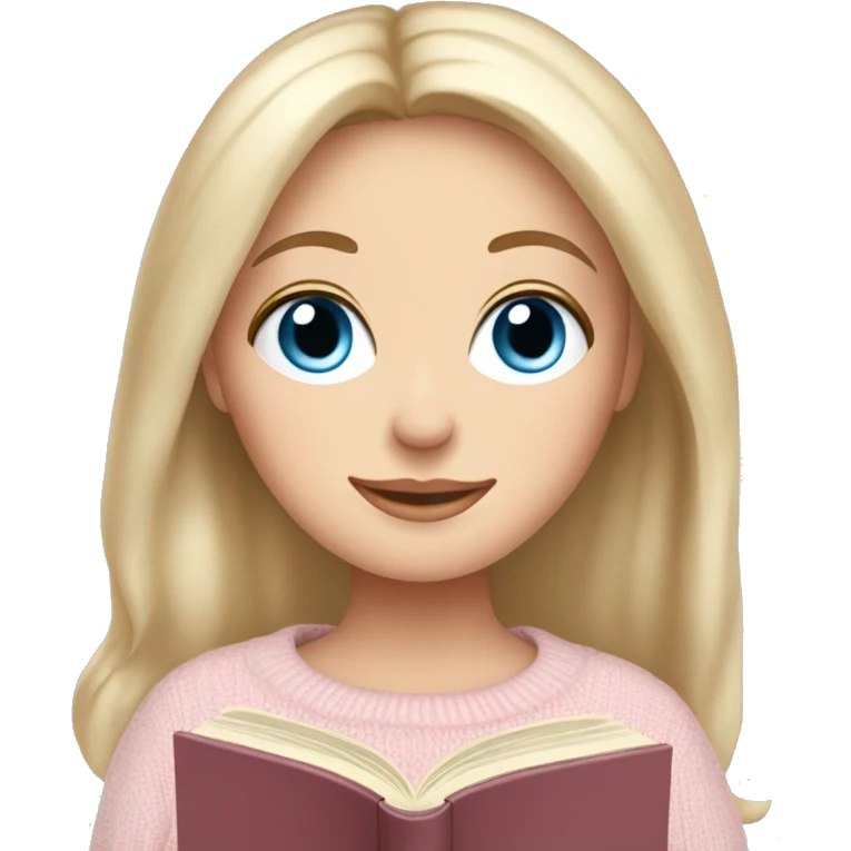 Pretty blue eyed white girl with light pink sweater reading cozy emoji
