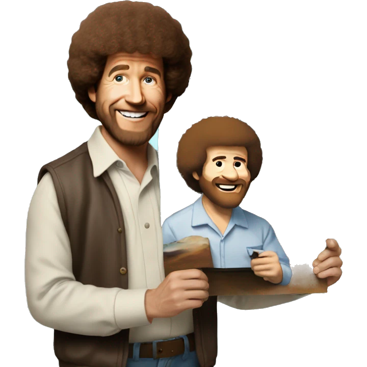Bob Ross holding a painting of a popular meme emoji