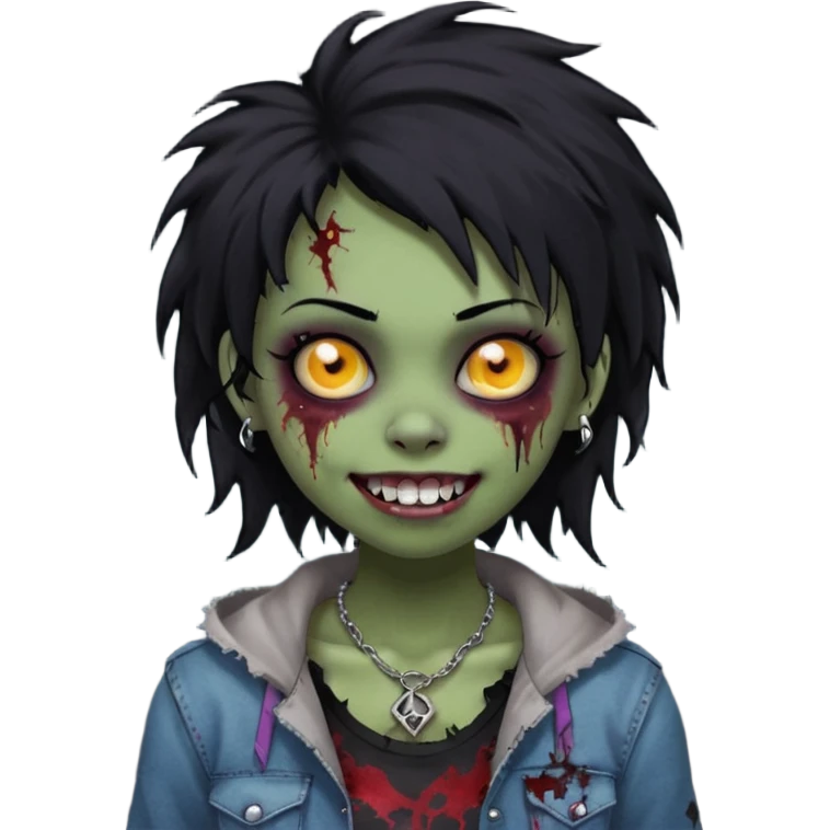 girl, zombie, black coily hair, medium long, emo, shaggy, dark, spooky,double eyebrow dermal piercing, cute illuminous smile emoji