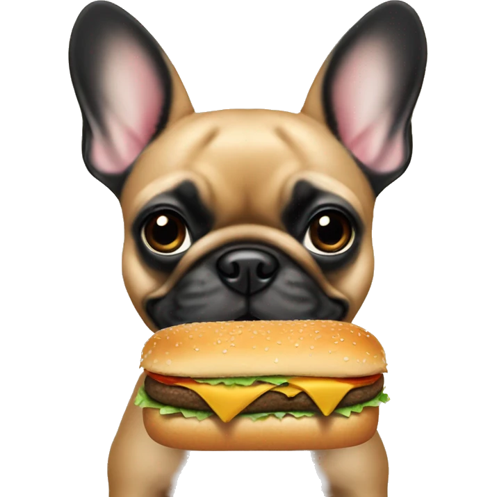 A fawn frenchie with a black snout eating a burger emoji