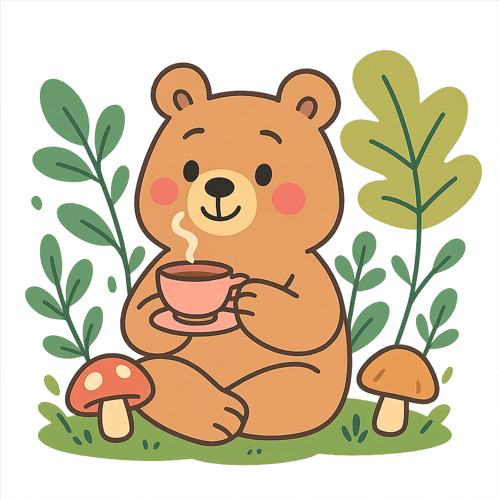 little bear sipping tea in the forest, surrounded by leaves and mushrooms, pastel-toon style emoji