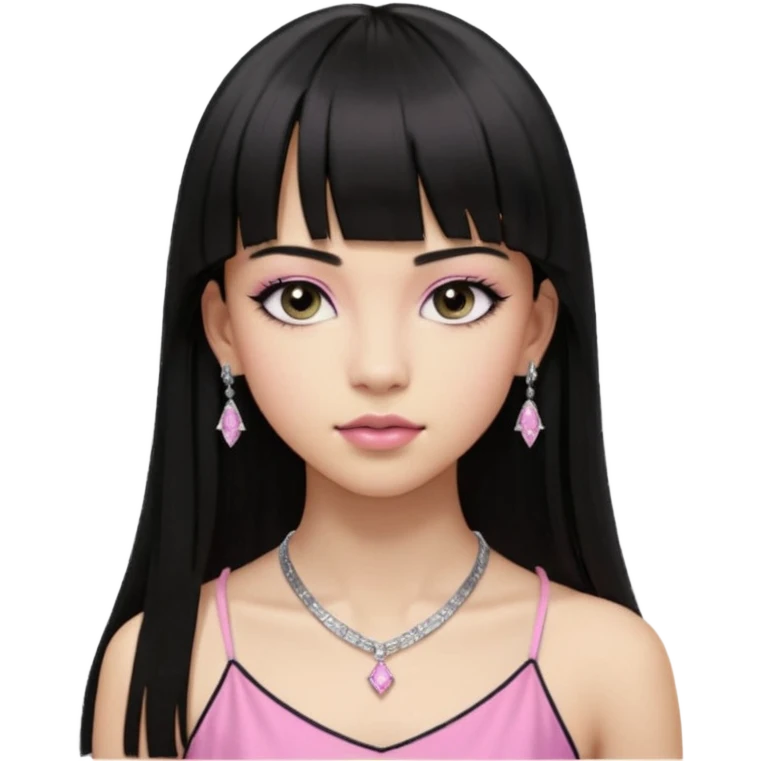 Cabelos pretos longos lisos ,com franja curvada .olhos pretos puxadinho para cima. Cílios longos curvados. Pele clara ,nariz pequeno ,lábios carnudos ,adolescente 16 anos ,vestido rosa de alça, colar pequeno prata ,brinco de diamante pequeno  emoji