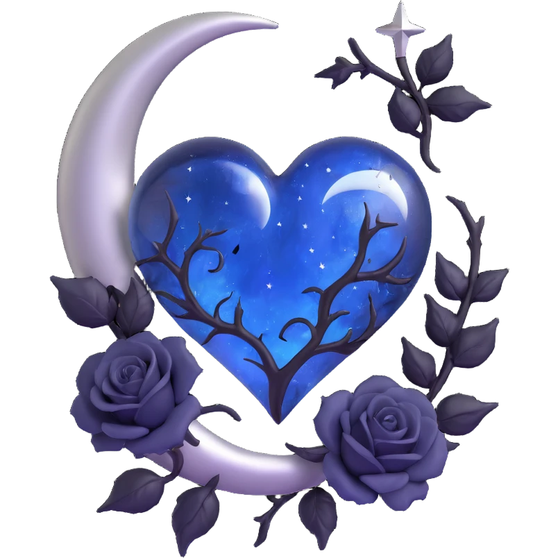 gothic heart, midnight blue glass, silver crescent moon, black roses, stardust, lightning, rain, cracked glass, minimal dark style emoji