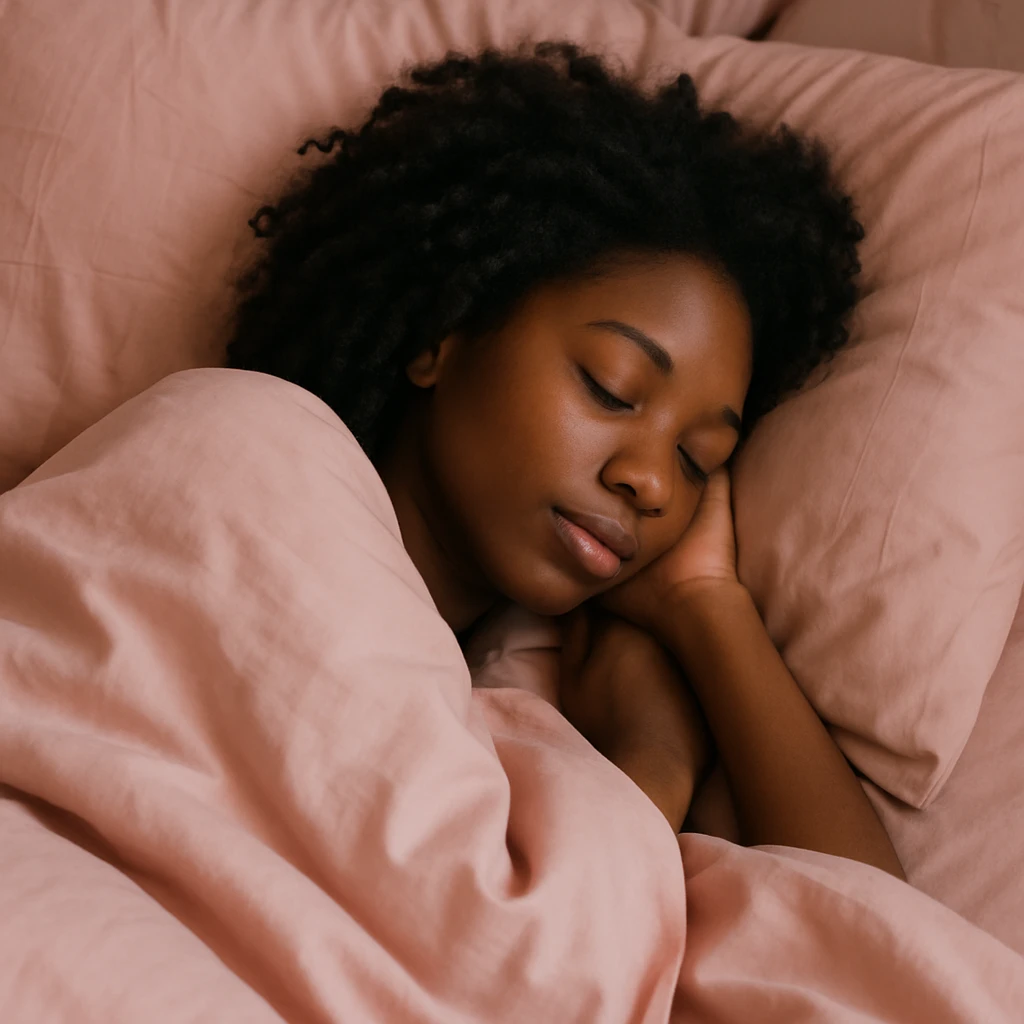 dark skin girl sleeping under pink covers emoji