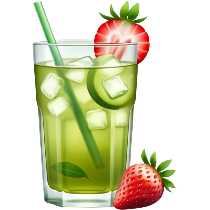 glass of iced green tea with strawberry slices emoji