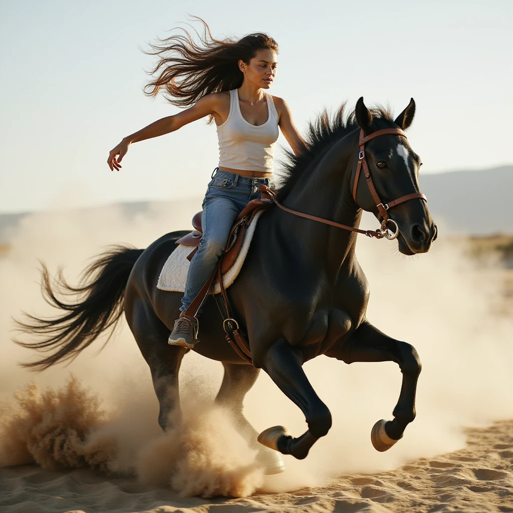 realistic scene of a girl with long brunette hair riding a black horse at full speed, no saddle, hair and mane flying, no background emoji