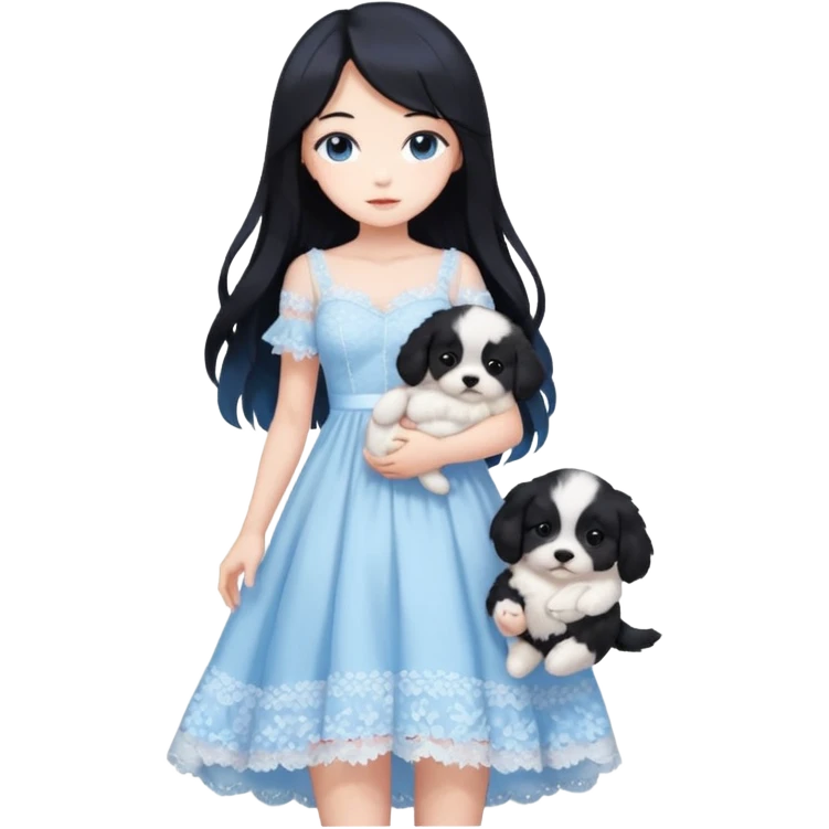 Pastel anime lady long hair with long lace dress full body holding puppy aesthetic background emoji