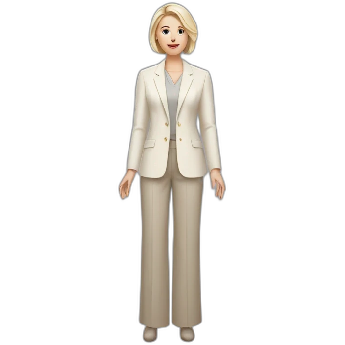 Full height Actively gesturing with hands pale skin woman with ash blonde Straightened bob Hair, White Spacious classical jacket, beige palazzo Arrow pants and gray blouse emoji