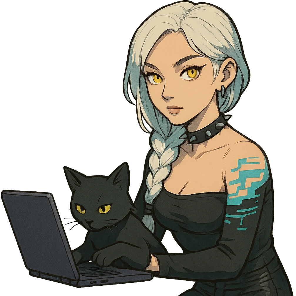  she is wearing armor, maximum power , except instead she's giving a victory salute, [[[except it's a black cat typing at a laptop]]], a closeup portrait of young woman with gold yellow eyes, white hair, long braid, black off-shoulder top d-cup, punk gothic style, futuristic cyberwave cyberpunk, sitting position
 emoji