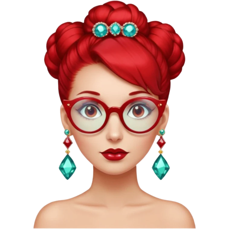 gem lover woman with gem accessories excessive amount gem glassess very big gem earrings red bun hair and red diamonds emoji
