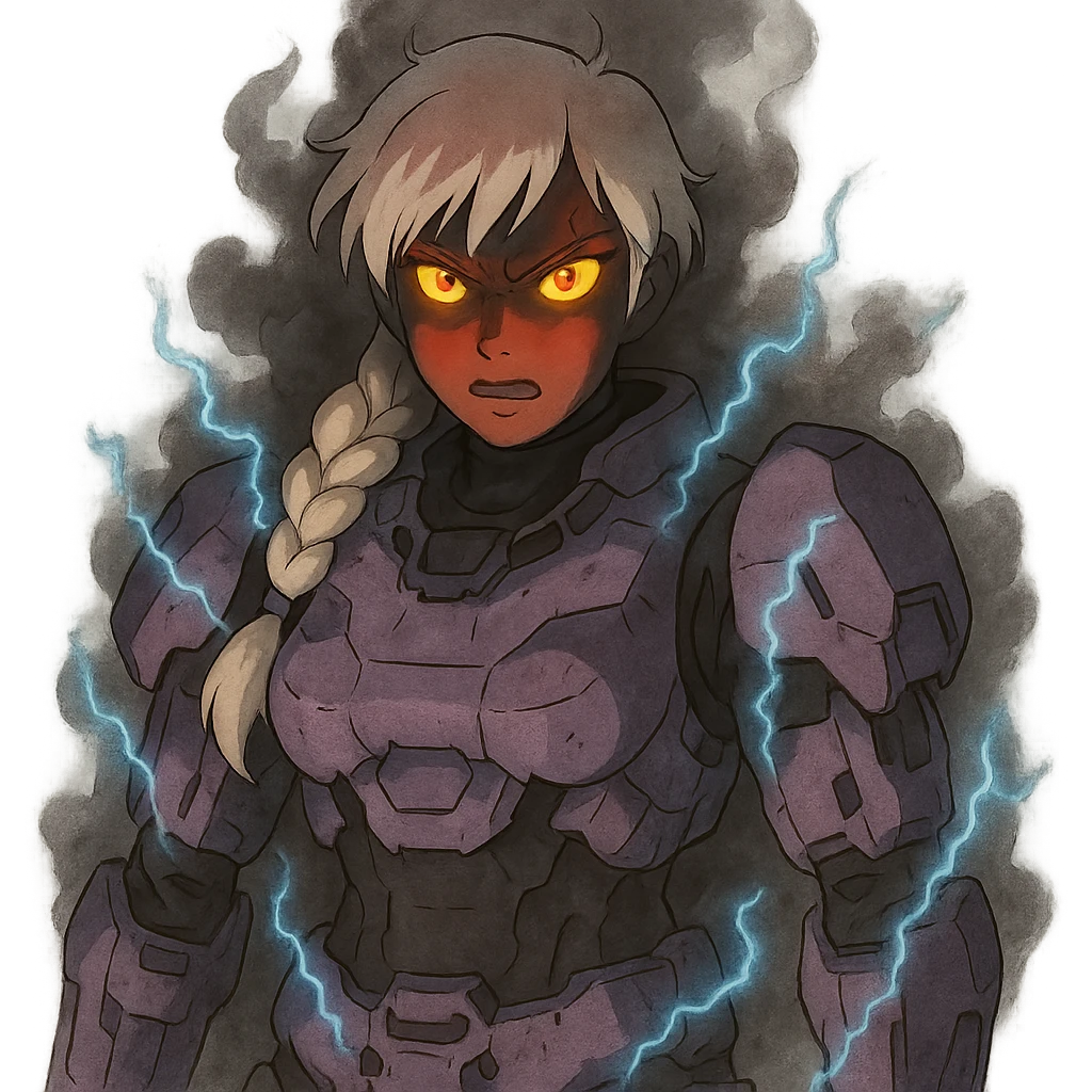 female, wearing reach spartan armor shoulder-unequip, long white braid hair with massive messy front side single bangs, gold yellow eyes, attention pose, D-cup size, HALO:series, no helmet, the armor is lavender color scheme, eyes glowing, demon eye, gleam, rage aura, body steaming dark gray, blue electricity emoji