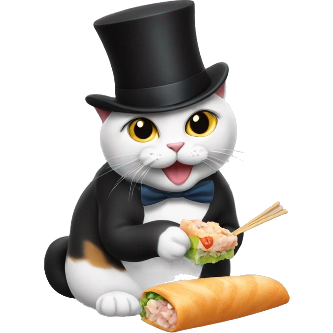 Cat with a top hat eating sushie emoji