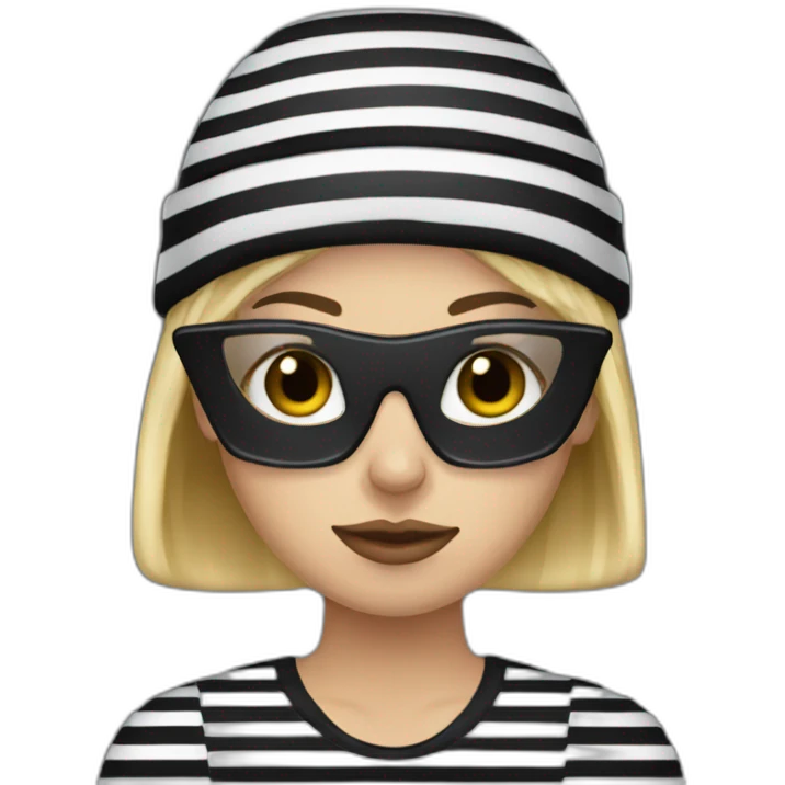 bank robber blonde woman with black beanie hat eye mask and striped shirt emoji