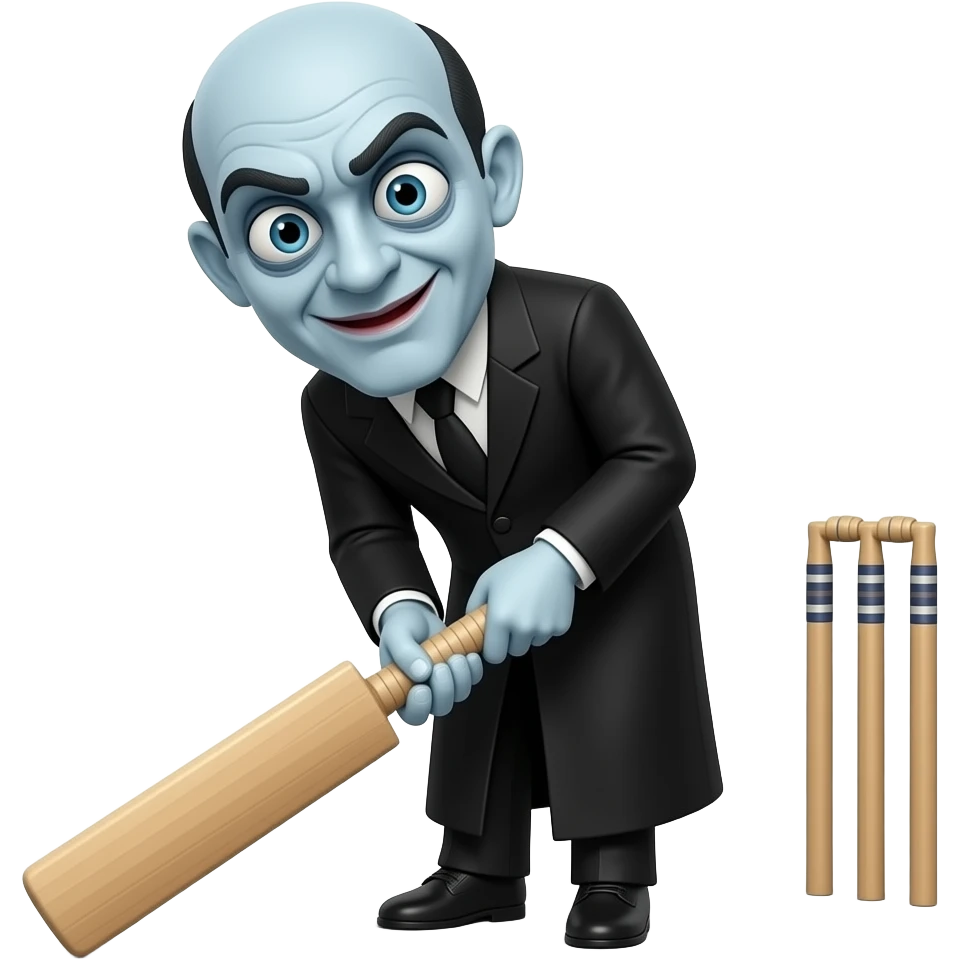 adams family Uncle fester playing cricket, bald head, big eyes must look like uncle fester wearing his black robe. Please make it look like the real uncle fester emoji