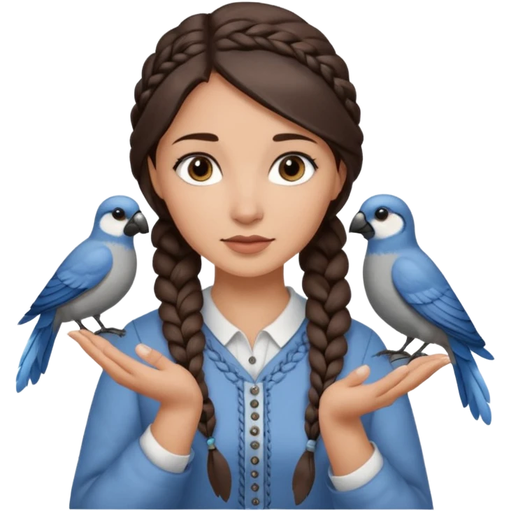 женщина с темно-коричневой косичкой набок и серо-голубыми глазами и светлой кожей держит на руке трех птиц коричневого и серого цвета emoji