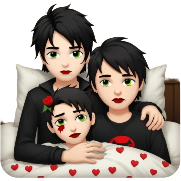 pale Goth boy with a bunch of face piercings, with shaggy dark brown hair, and messy black eyeliner , smudged, red, lipstick , having a slumber party with a tan gamer boy with long black hair  emoji