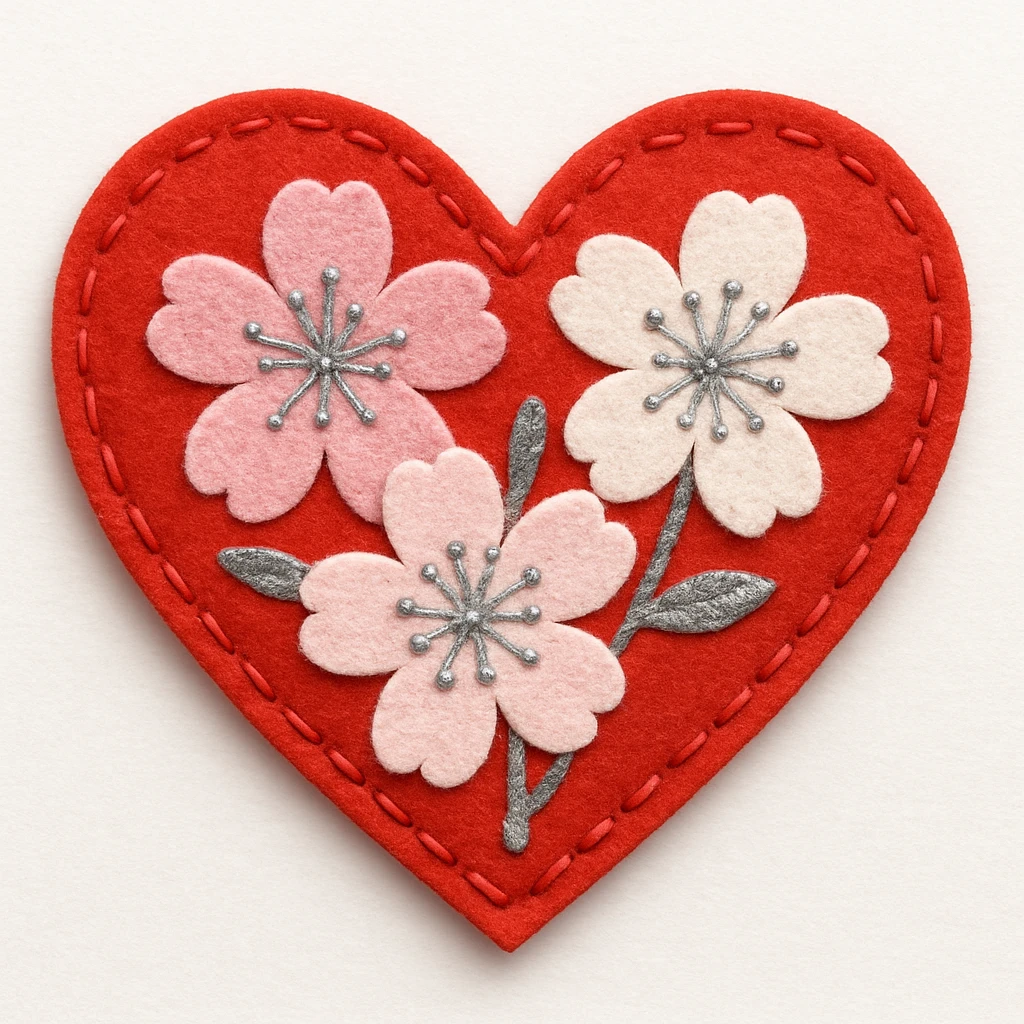 heart with sakura flowers and silver accents, felt patch style emoji