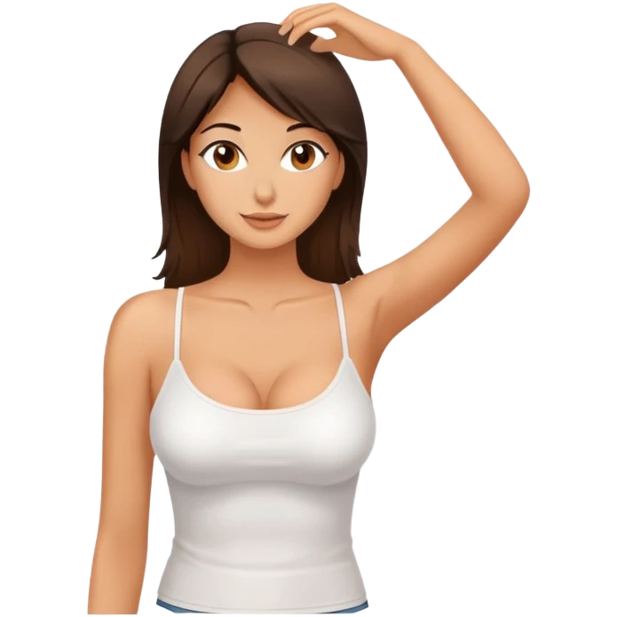 Brunette woman with 32g breasts. Wearing a tank top that has thin spaghetti straps. emoji