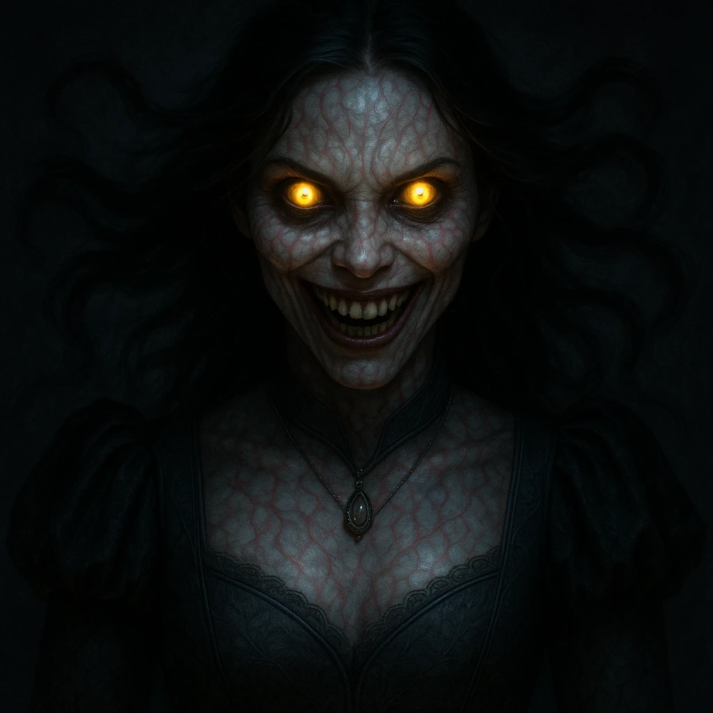 Make the beautiful scary girl look realistic, photorealistic horror portrait style. Keep gothic jewelry and supernatural features with dramatic lighting. Emphasize photorealism and horror elements in the portrait. emoji