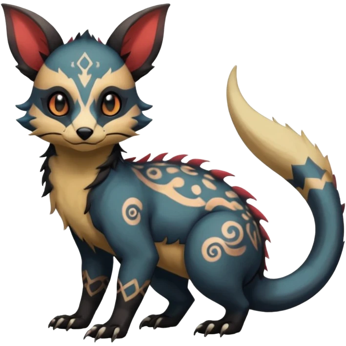 Rare warm-colored exotic cute epic aesthetic gothic colorful Salandit-Eevee-Civet-species-Fakemon-hybrid-creature, with intricate tattoo markings, full body emoji