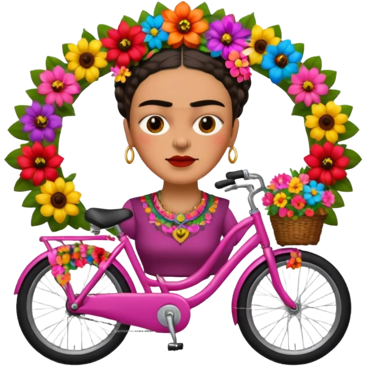 Frida Kahlo on a bike, surrounded by flowers, iconic unibrow, apple emoji style emoji