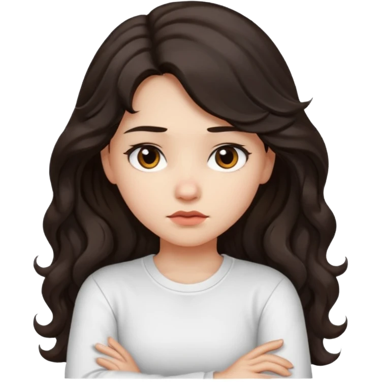 girl dark long wavy hair crossing her arms with slight pout emoji