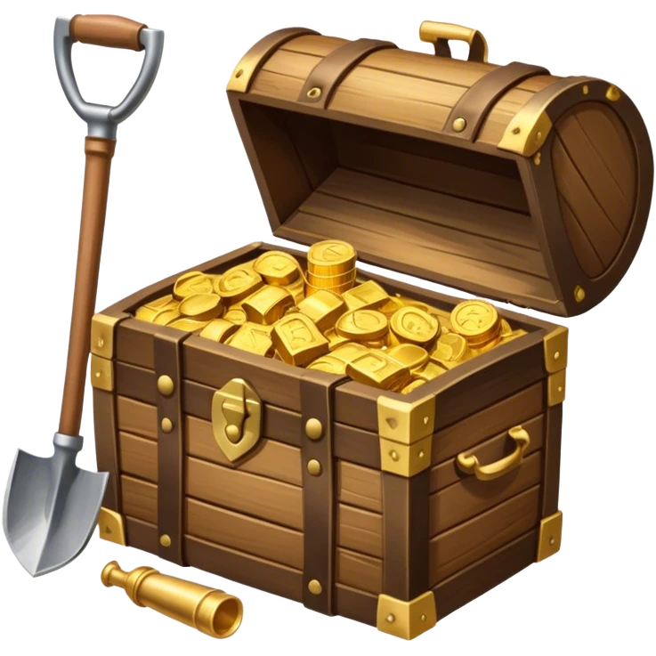 An icon showcasing a treasure chest filled with gold, a treasure map rolled up beside it, a backpack and shovel. The design captures the essence of treasure hunting, exploration, and excitement, set on a transparent background to emphasize the thrill of discovery. emoji