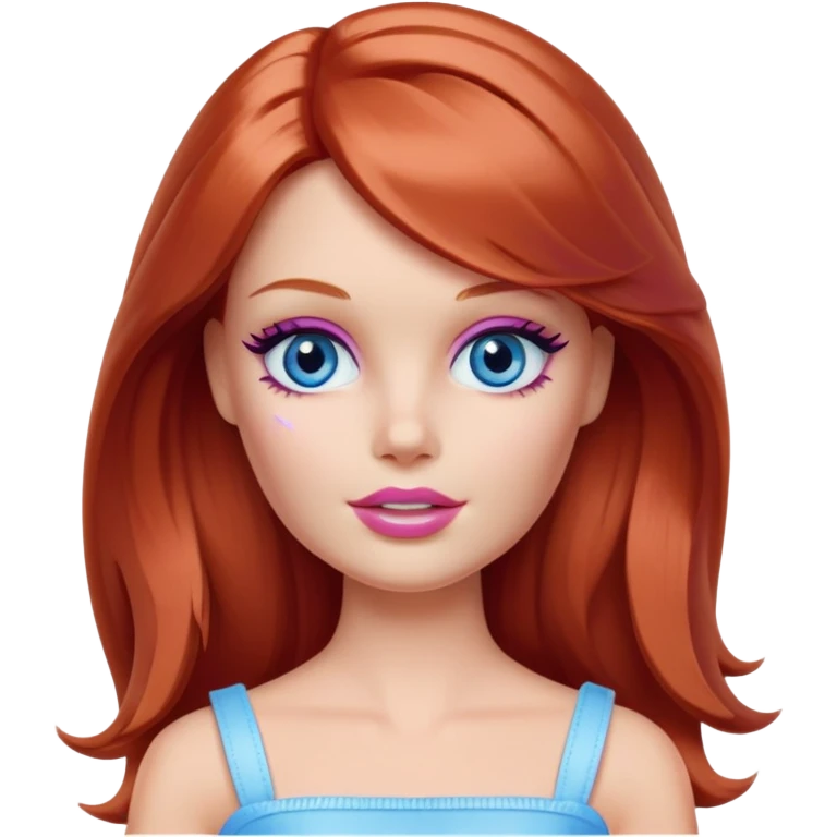 Barbie girl Chestnut-red Shoulder-length hair and blue eyes is In pale purple smears by hand cosmetic cream on her face emoji