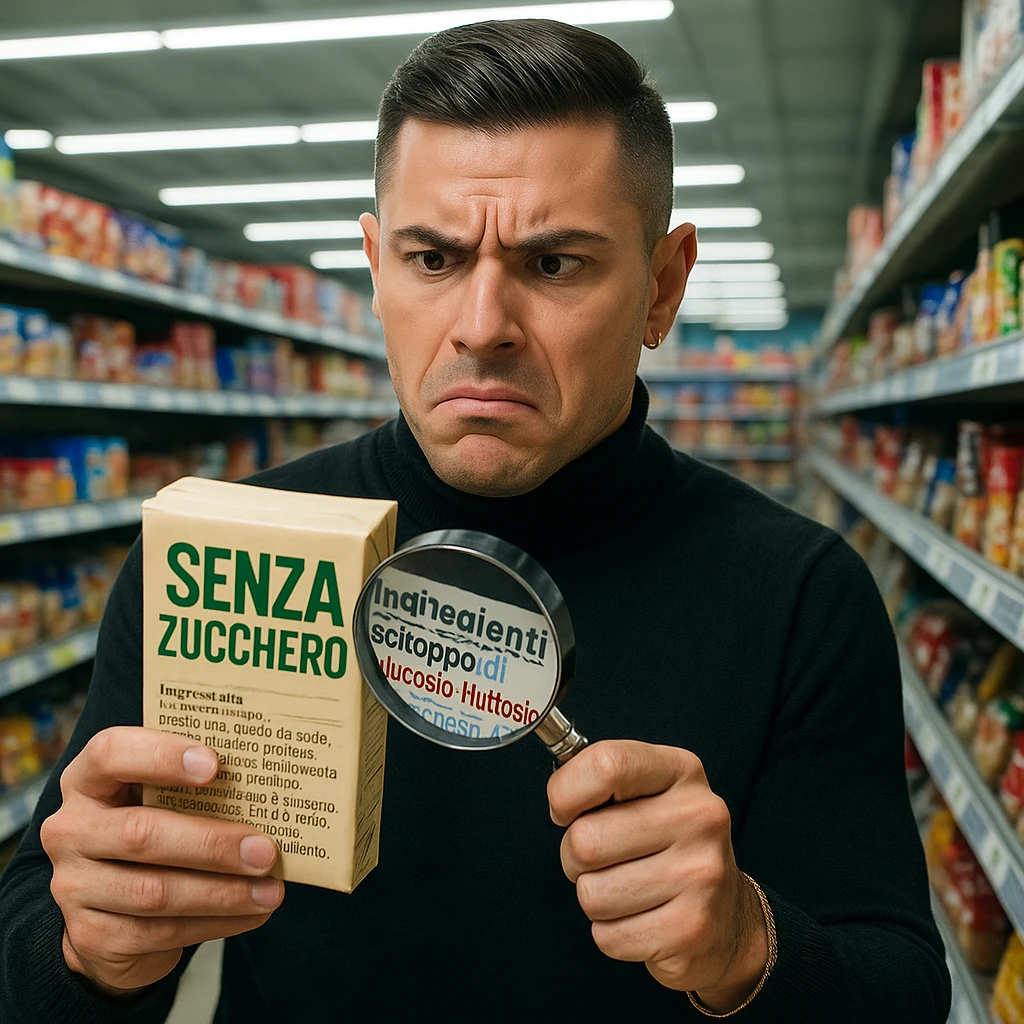 Man in supermarket, holding a product labeled 'SENZA ZUCCHERO', ingredient list with 'sciroppo di glucosio-fruttosio' in bold red, confused face, floating magnifying glass on the label, hyper-realistic, harsh fluorescent lighting. Variant 3. emoji