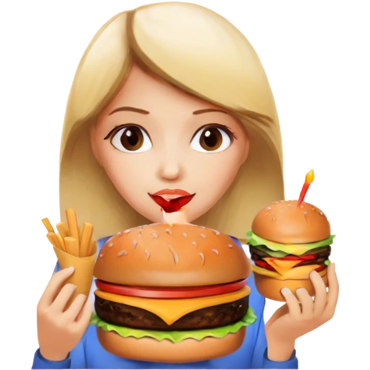 Birthday girl with blonde and brunette hair eating a burgee emoji