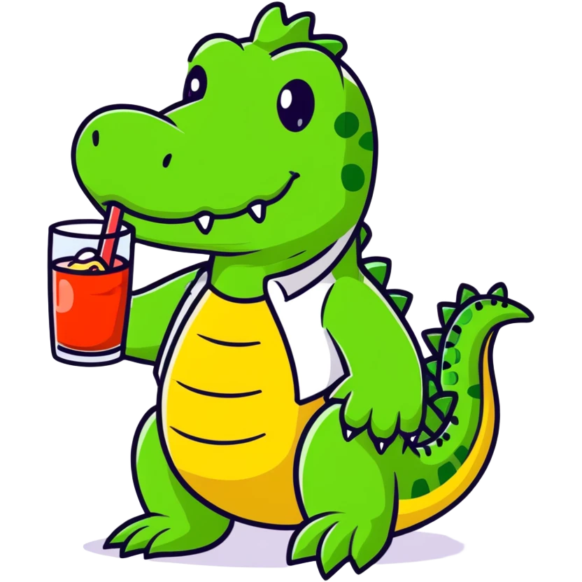 Friendly cartoon crocodile bartender making a Bombardino drink, cute character emoji