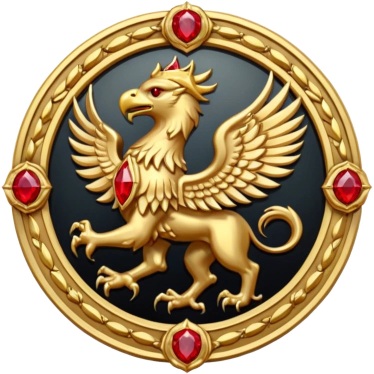 Golden griffin crest / brosch in a circle with red gems and no background emoji