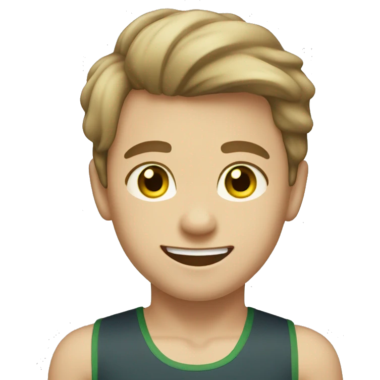 A boy with light brown hair, greenish-yellow eyes, wearing a leotard and smiling. emoji