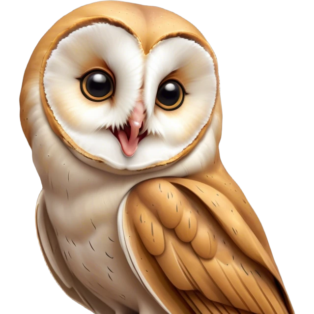 Cinematic Cute Yawning Barn Owl Portrait Emoji, Head tilted slightly with a dramatic, wide-open yawn, showcasing a soft, mottled plumage with subtle brown accents and gently drooping feathers, round amber eyes barely open in drowsy contentment, Simplified yet irresistibly adorable features, highly detailed, glowing with a soft, cozy glow, high shine, relaxed yet expressive, stylized with a touch of nocturnal whimsy, bright and endearing, soft glowing outline, capturing the essence of a sleepy yet affectionate owl, so drowsy it feels like it could glide out of the screen and curl up for a nap! emoji