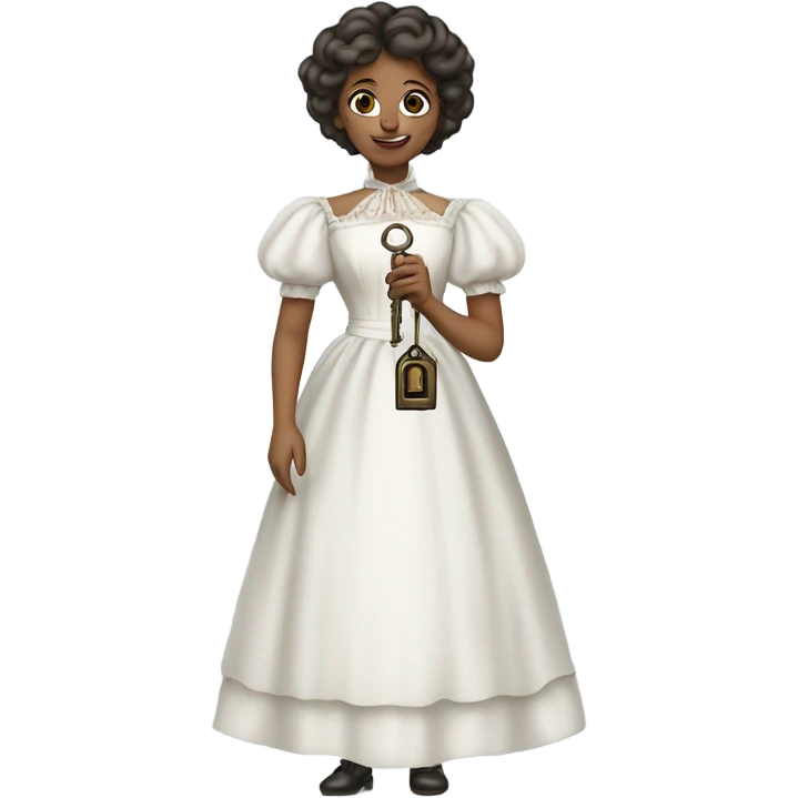 galora login holding a big key in white victorian dress, full body emoji