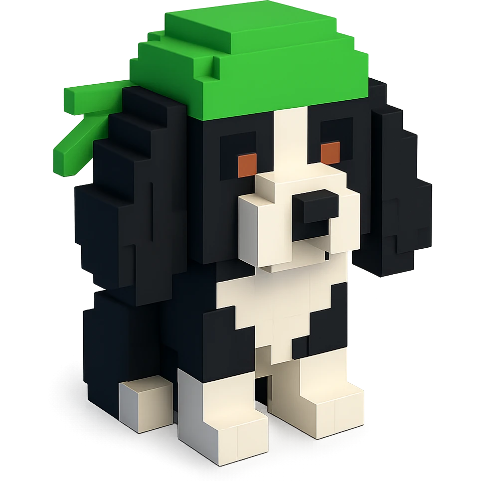 A black and white Russian Cocker Spaniel puppy wearing a green durag, facing forward emoji