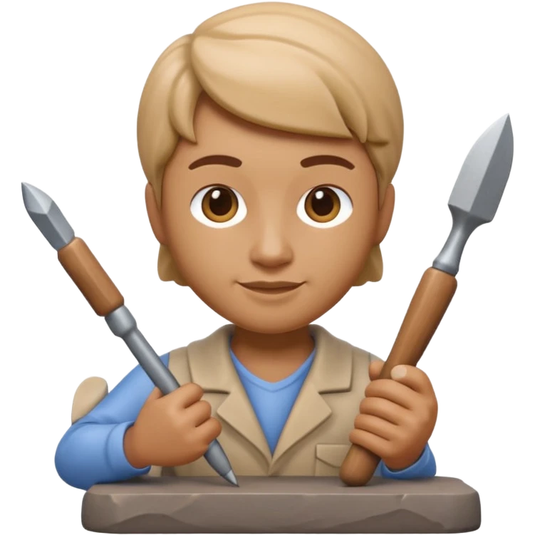 Apple Memoji-style 3D emoji of a sculptor with a small statue and chisel, smooth gradients, rounded edges, no background.during sculpting emoji