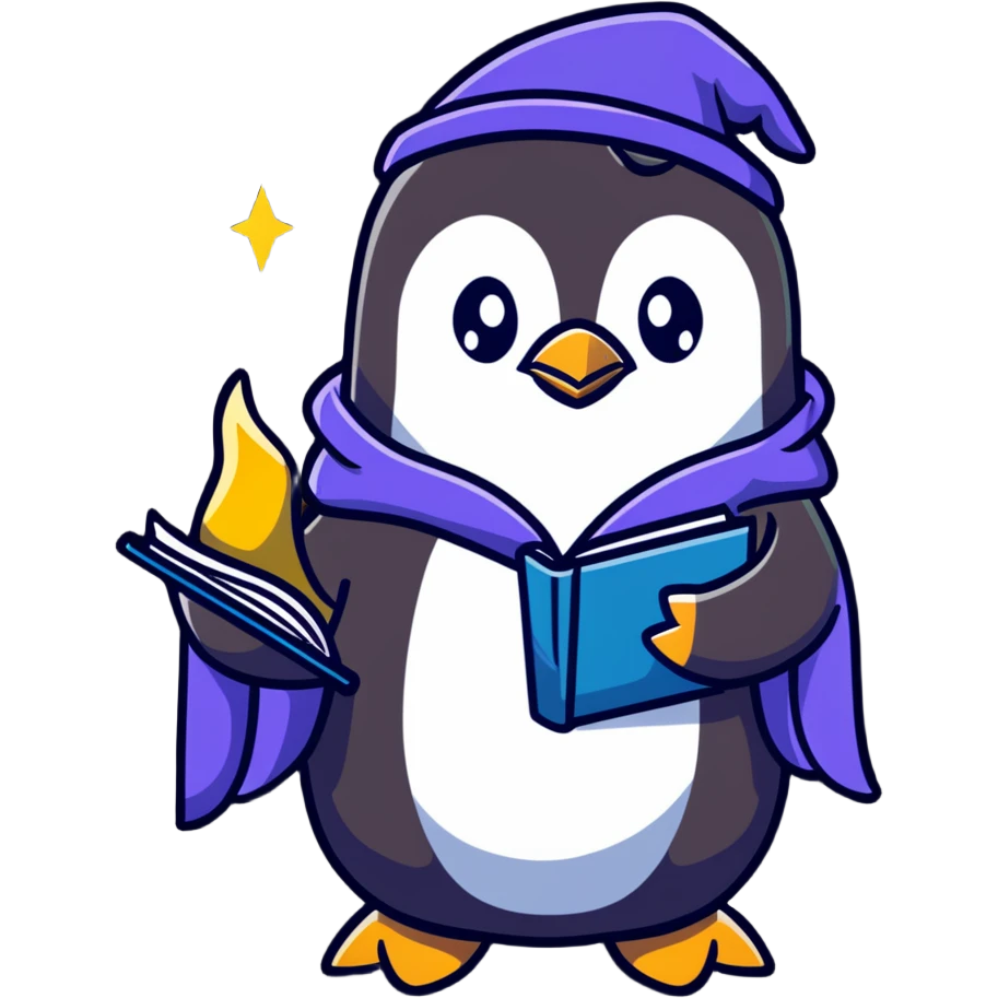 Cute penguin wizard with a flowing starry robe and magical spellbook emoji