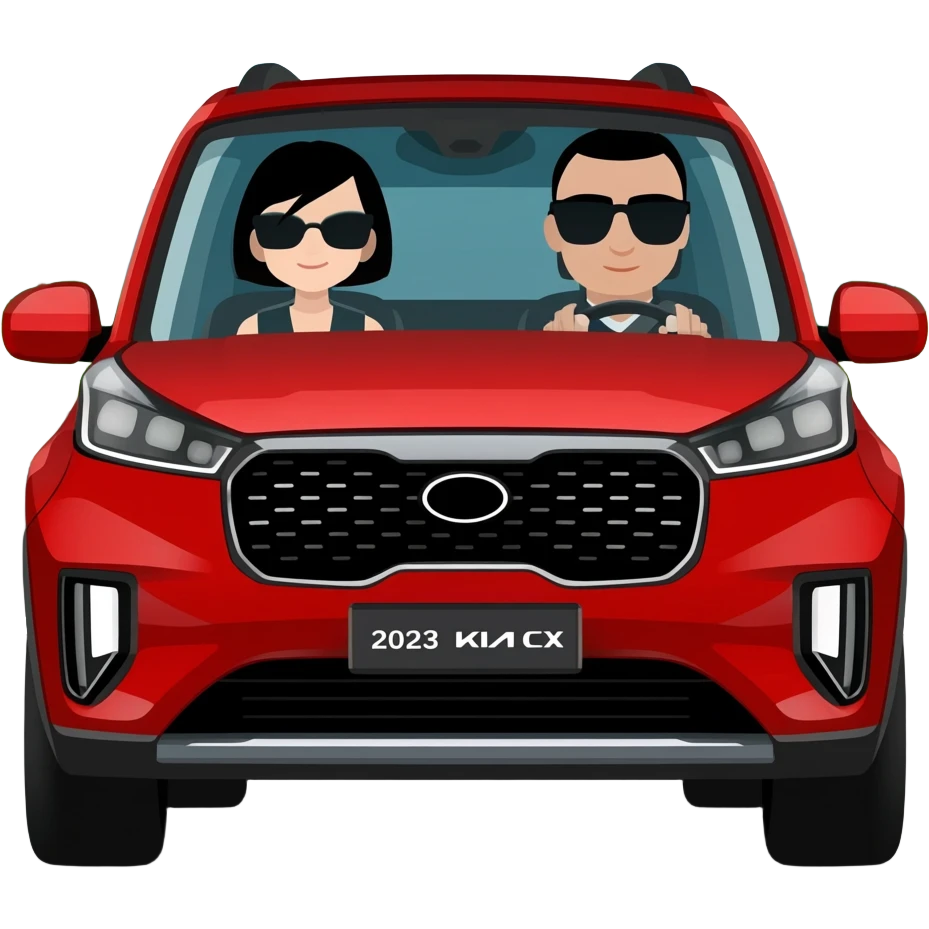 cx 5 2023 roja con conductor mujer de lentes negros y cabello negro chaparrita y copiloco de pelo corto negro y lentes negros, todo en caricatura sobre una avenida principal con paisaje verde emoji