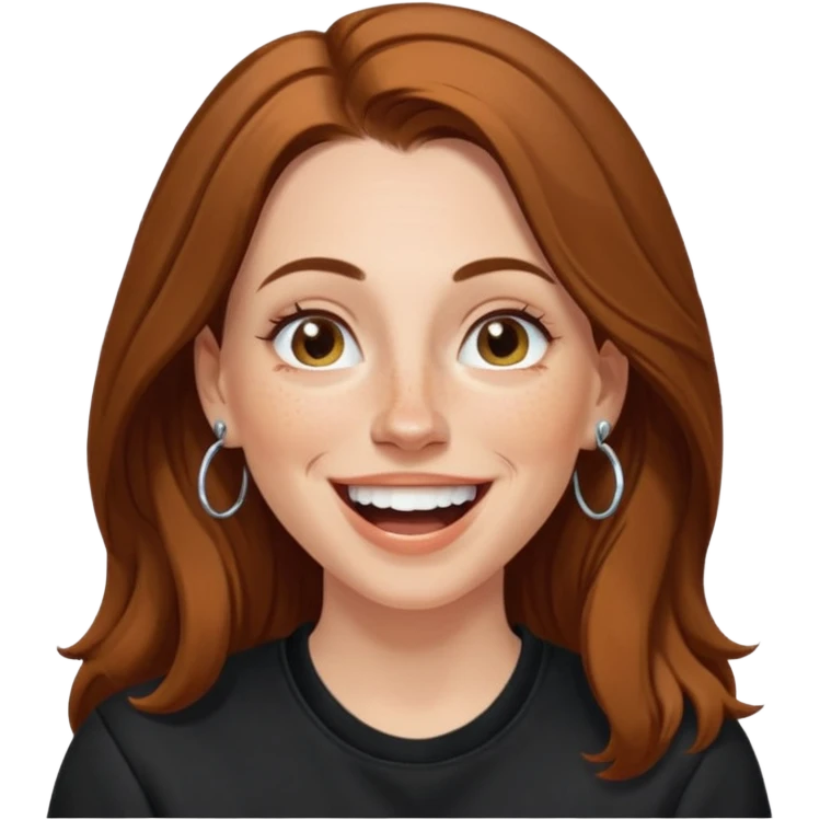A 38 year old white woman with long brunette hair parted in the middle. She has her nose pierced. Her nose is medium sized. She has brown eyes. She has freckles and is wearing a black sweatshirt and is laughing  emoji