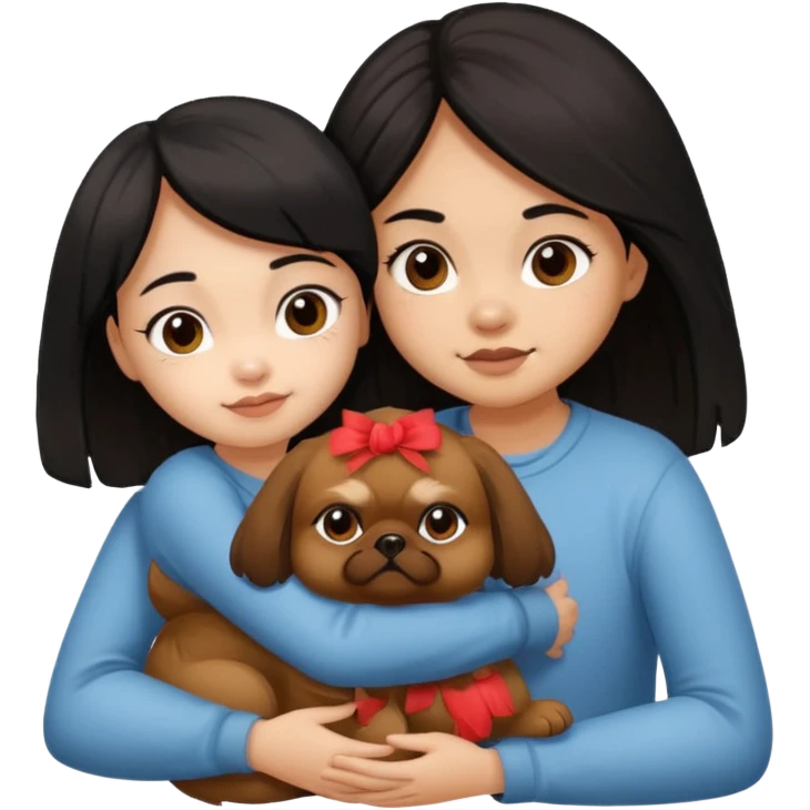 black hair girl hugging brown pekingese dog that looks a little bit like brown gremlin emoji