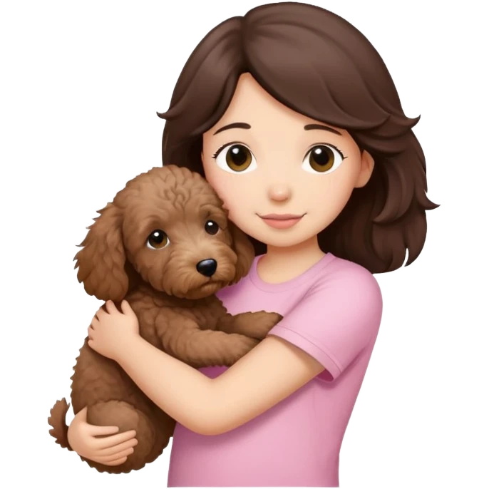 One girl with medium long dark brown hair dressing baby pink T-shirt, hugging One little brown coated labradoodle. emoji