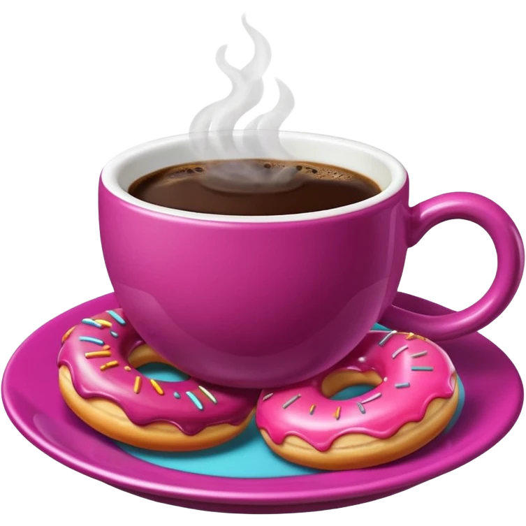 A steaming cup of coffee, magenta with a yellow butterfly print, sits on a magenta saucer with colorful donuts. emoji