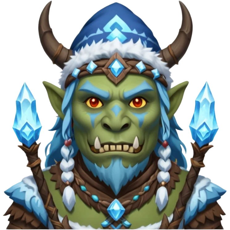 Fantasy Christmas orc shaman icon, ice spirit magic theme, glowing runes, winter tribal mask elements, mystical cold atmosphere, emoji sized portrait, male/female variant emoji