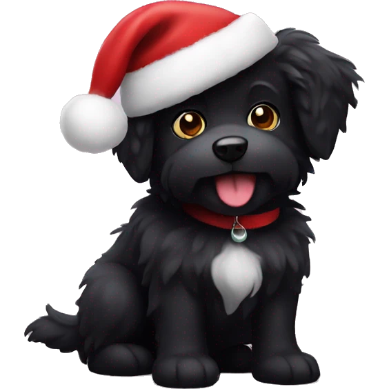 black fluffy dog with Santa hat emoji