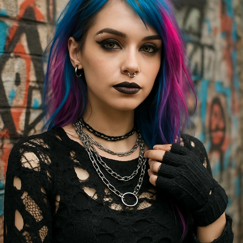 alt style girl with piercing and colorful hair, alternative fashion emoji