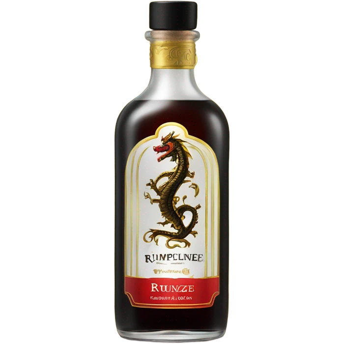 clear bottle of rumpleminze peppermint alcohol with a black and red label that has a small gold dragon on the label emoji