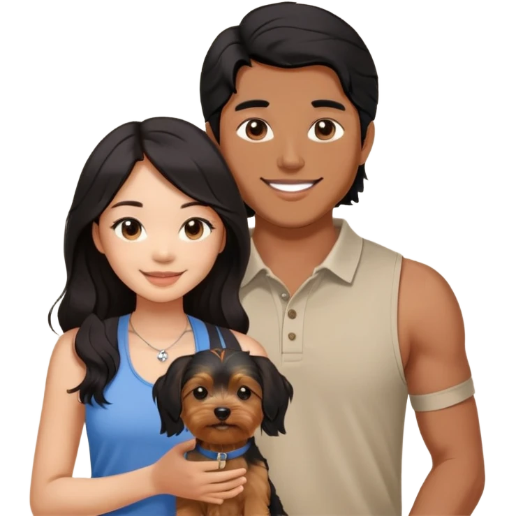 A pretty Asian girl with long, luscious wavy black hair (loose, no hair tie), wearing a sleeveless halter top, standing beside a brown skinned man with a middle part haircut who is wearing a polo shirt. They are both smiling and holding a small Yorkshire Terrier together emoji