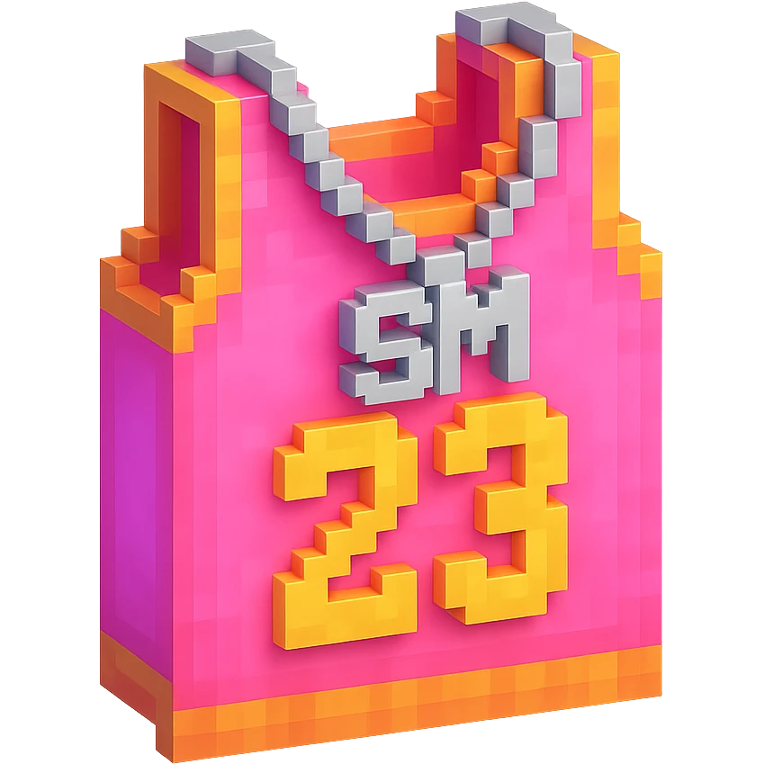 светящейся розовая баскетбольная майка с надписью "23" и серебряная цепь с надписью "SM", no background emoji